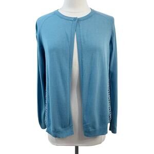 LAFAYETTE 148 Blue Mesh Open Knit Grid Back Cardigan Sweater Medium